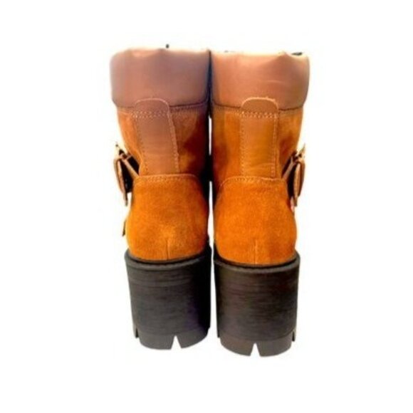 Aqua Genie Cognac Leather Upper Boots 5M Lace-Up, Buckle, Chunky Heel NWOB - Picture 4 of 6